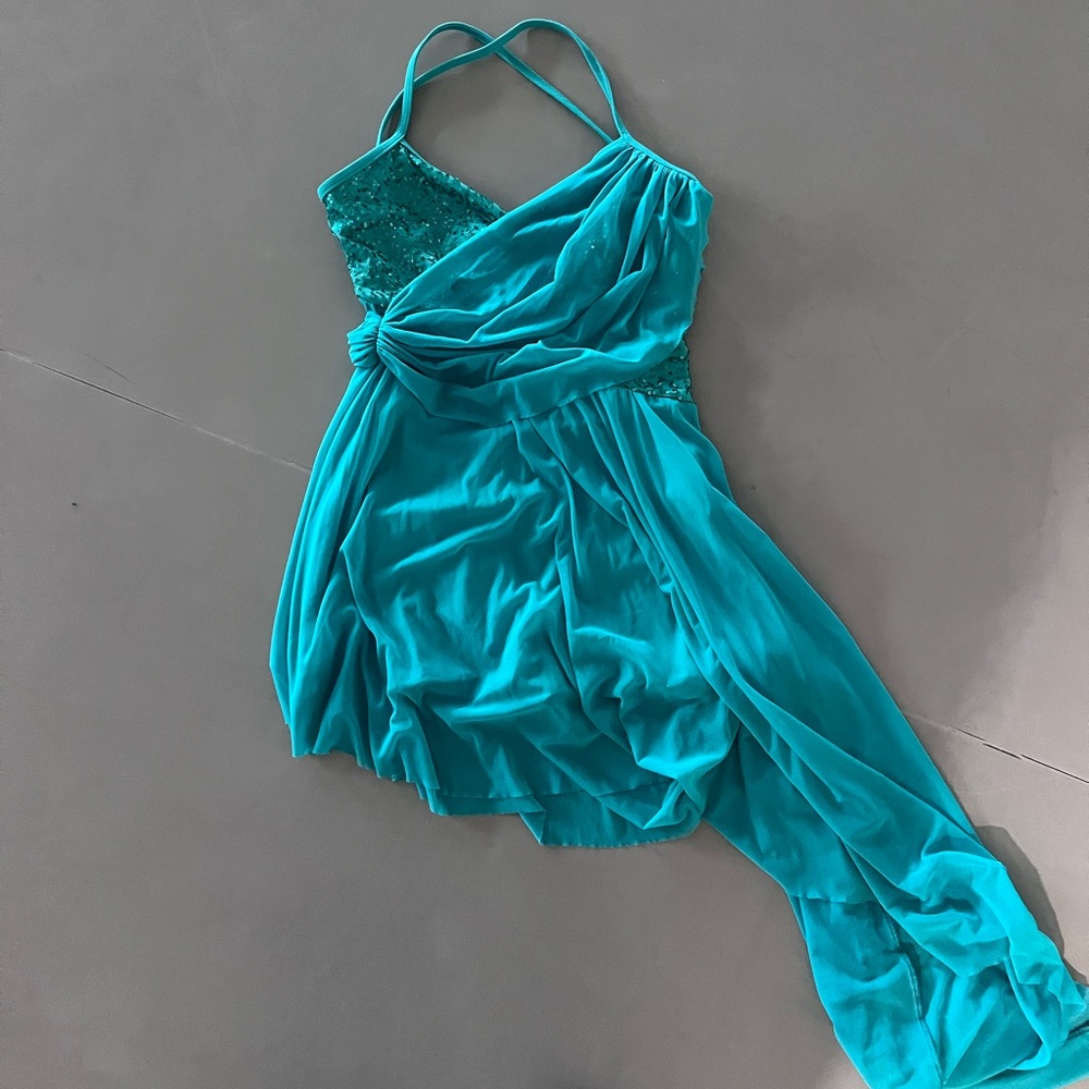 Women’s Teal Mesh Draped Sequin Asymmetrical Dress Dance Costume Weissman Adult - Picture 2 of 4